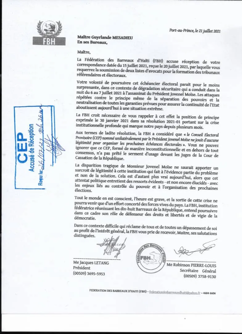 Haïti/ Élections : La FBH refuse de désigner des avocats dans le processus de formation des tribunaux électoraux