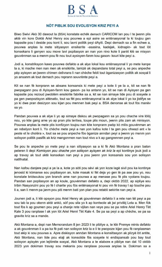 Haïti-Crise : le BSA dénonce et appelle la population à la vigilance