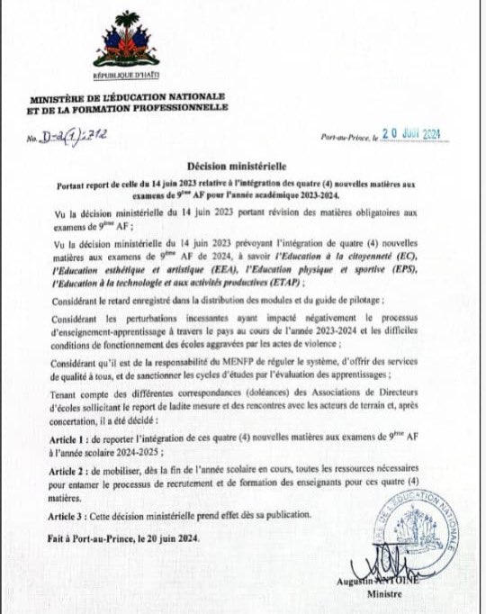 Le MENFP reporte l’intégration des quatre nouvelles matières aux examens de la 9e Année Fondamentale