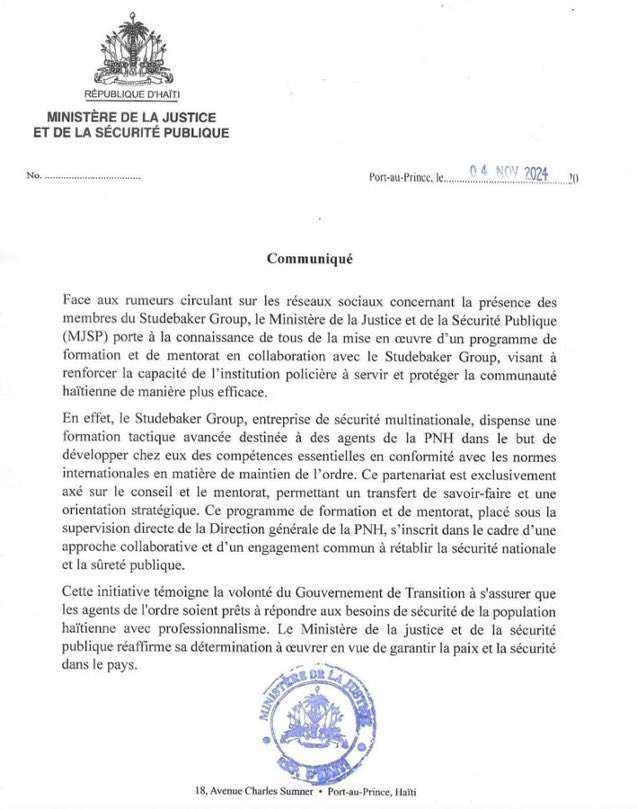 Le MJSP précise que le gouvernement a signé un contrat avec Studebaker Group pour une formation policière