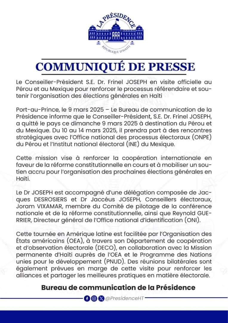 Frinel Joseph en visite officielle au Pérou et au Mexique pour renforcer le processus référendaire