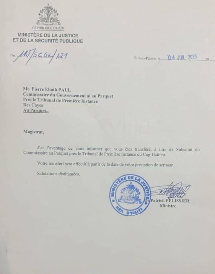 Justice | Le Commissaire du gouvernement des Cayes transféré au Cap-Haïtien