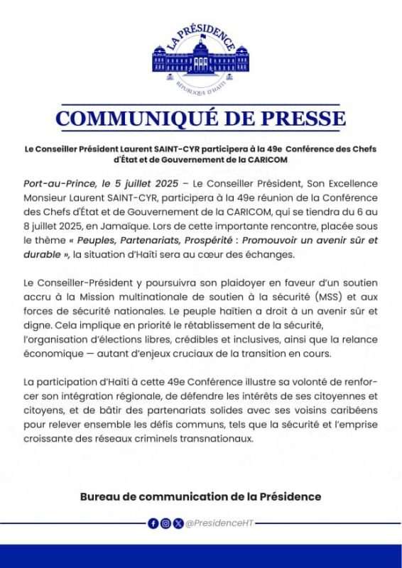 Laurent Saint-Cyr se rend à Jamaïque pour participer à la 49e Conférence de la CARICOM