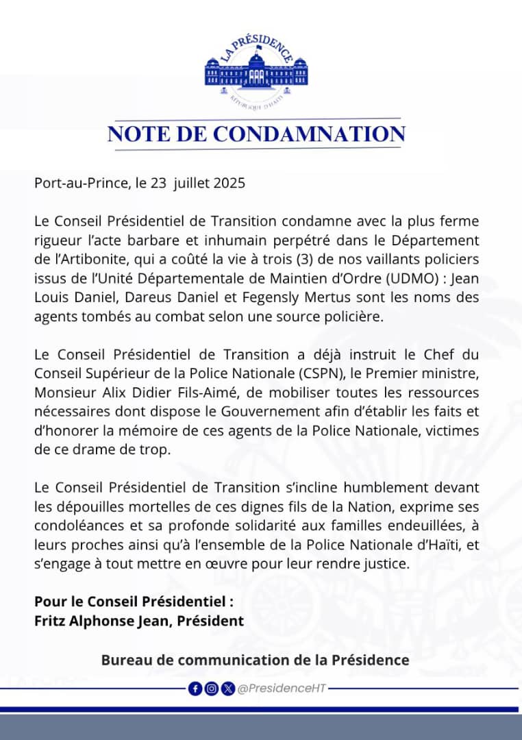 Trois policiers tués à Liancourt : le CPT condamne et passe des instructions