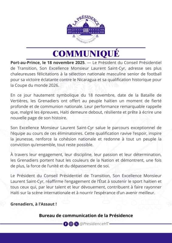 Mondial 2026 | Le CPT félicite la sélection haïtienne pour sa qualification historique