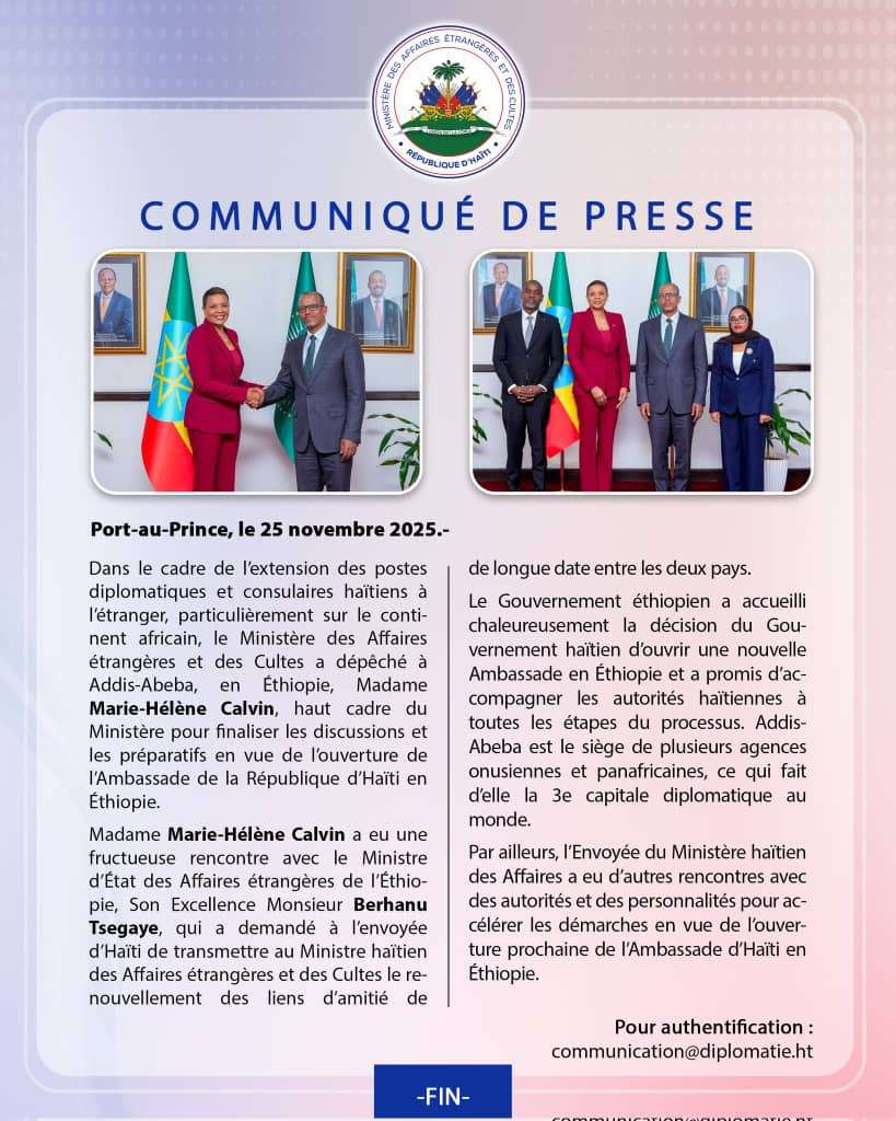 Diplomatie: Haïti finalise les démarches pour ouvrir son ambassade en Ethiopie