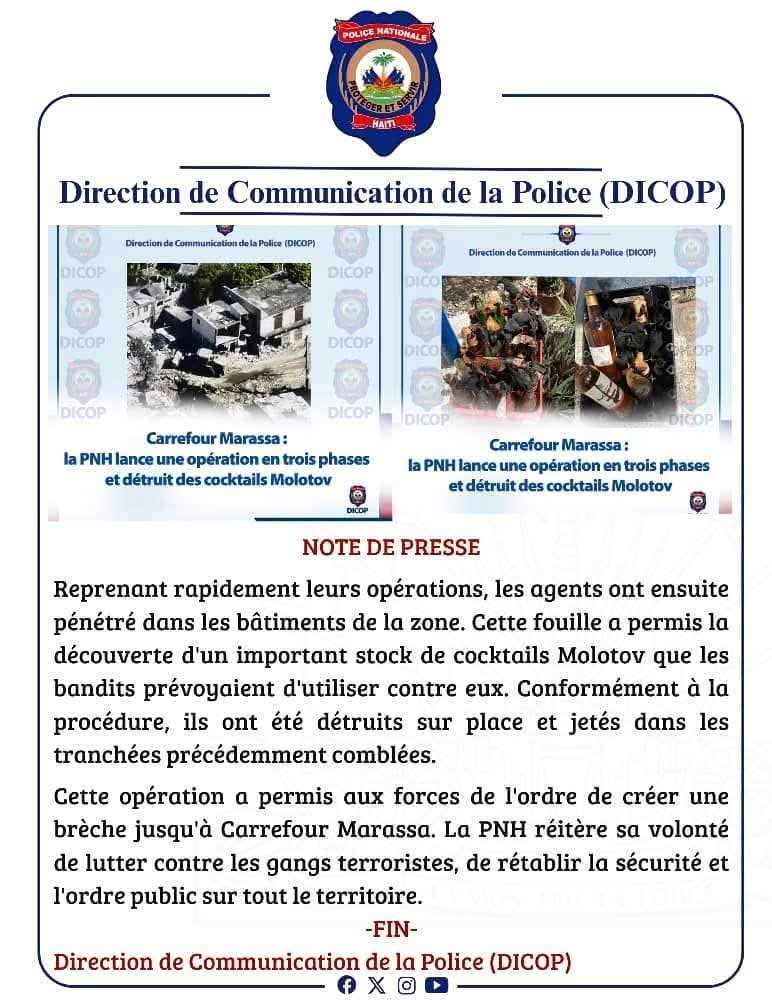Des cocktails Molotov saisis et des positions fortifiées démantelées : la PNH frappe au cœur d’un bastion de gangs à Carrefour Marassa.