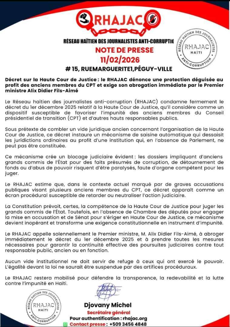 Haïti : le RHAJAC réclame l’abrogation d’un décret sur la Haute Cour de Justice, dénonçant un risque d’impunité