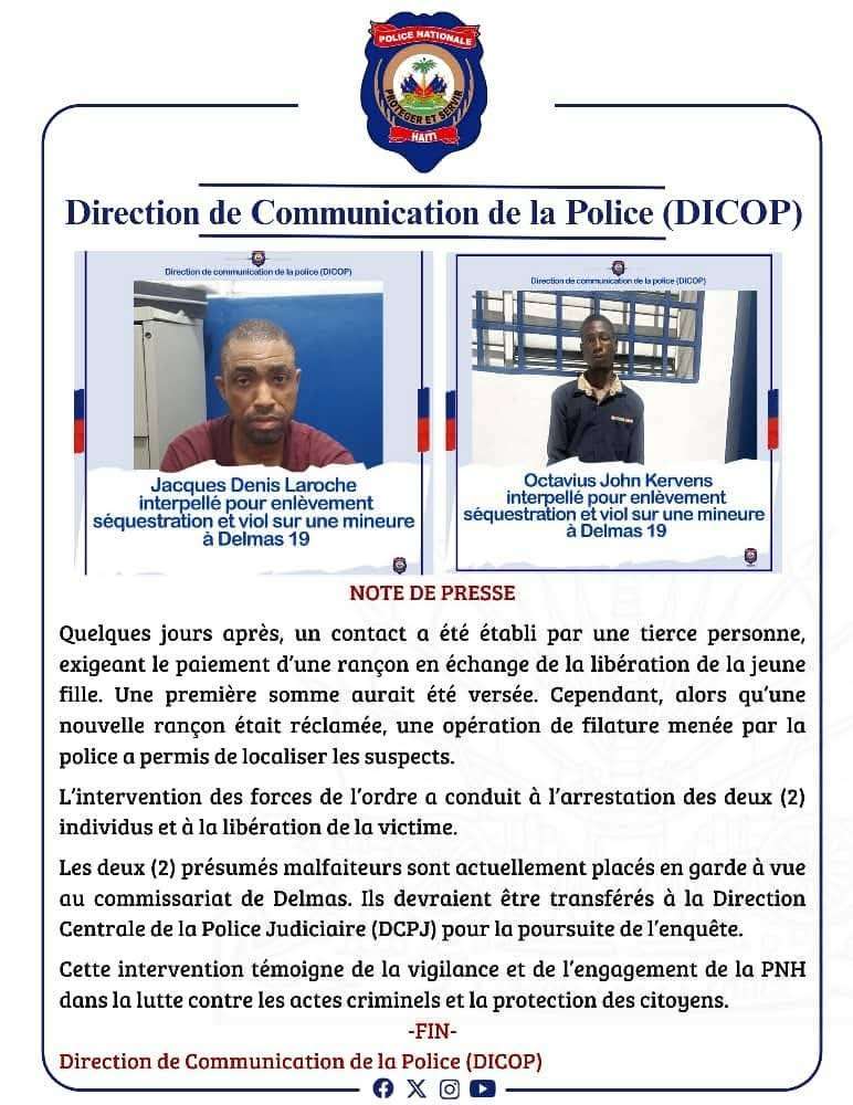 Haïti: Deux suspects arrêtés pour enlèvement et viol sur mineure à Delmas