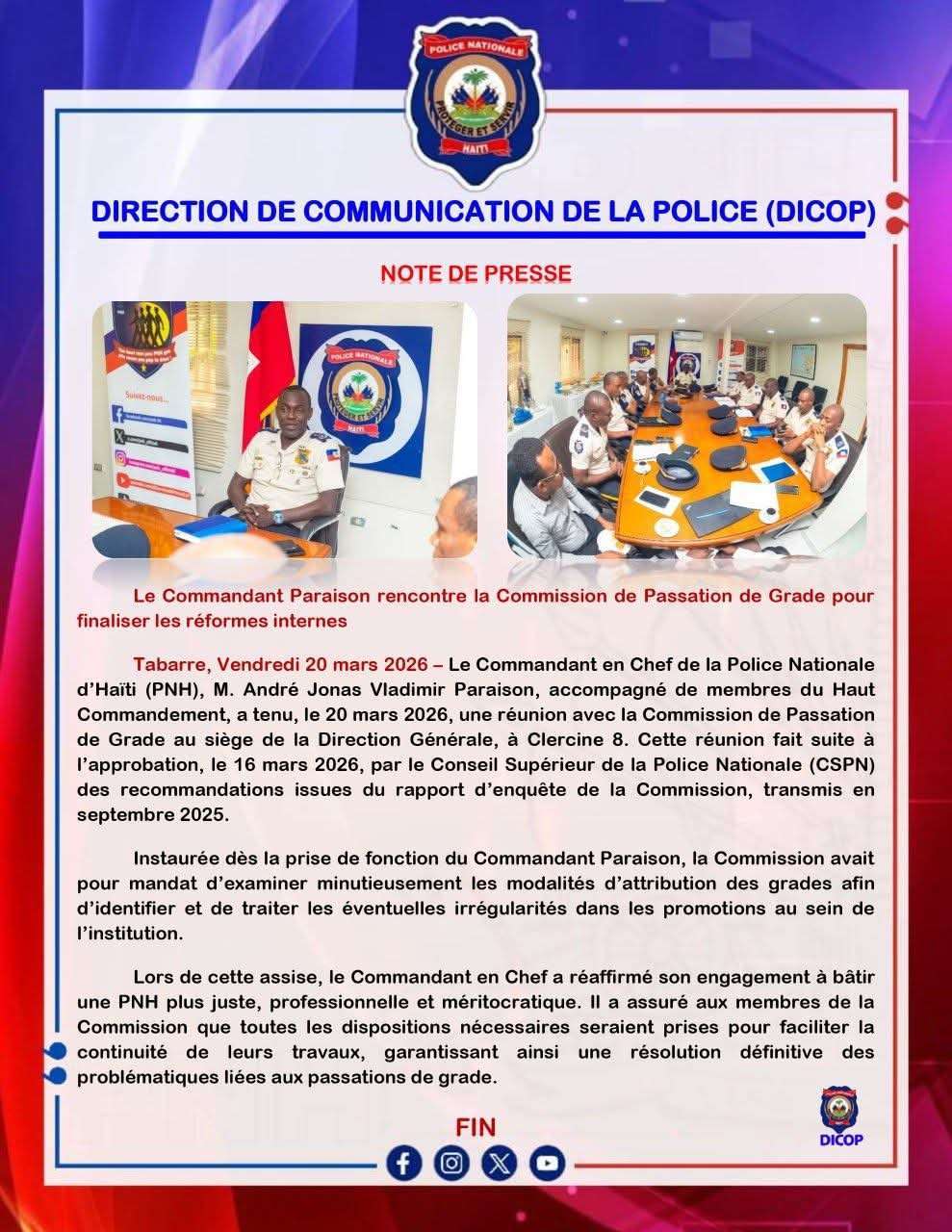PNH : le Commandant en chef André Jonas Vladimir Paraison accélère les réformes internes