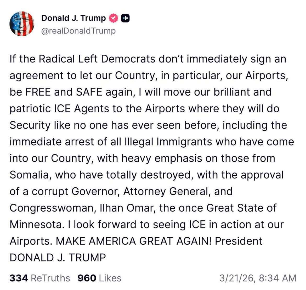 États-Unis : Trump menace de déployer des agents ICE dans les aéroports, vise les immigrés somaliens et Ilhan Omar