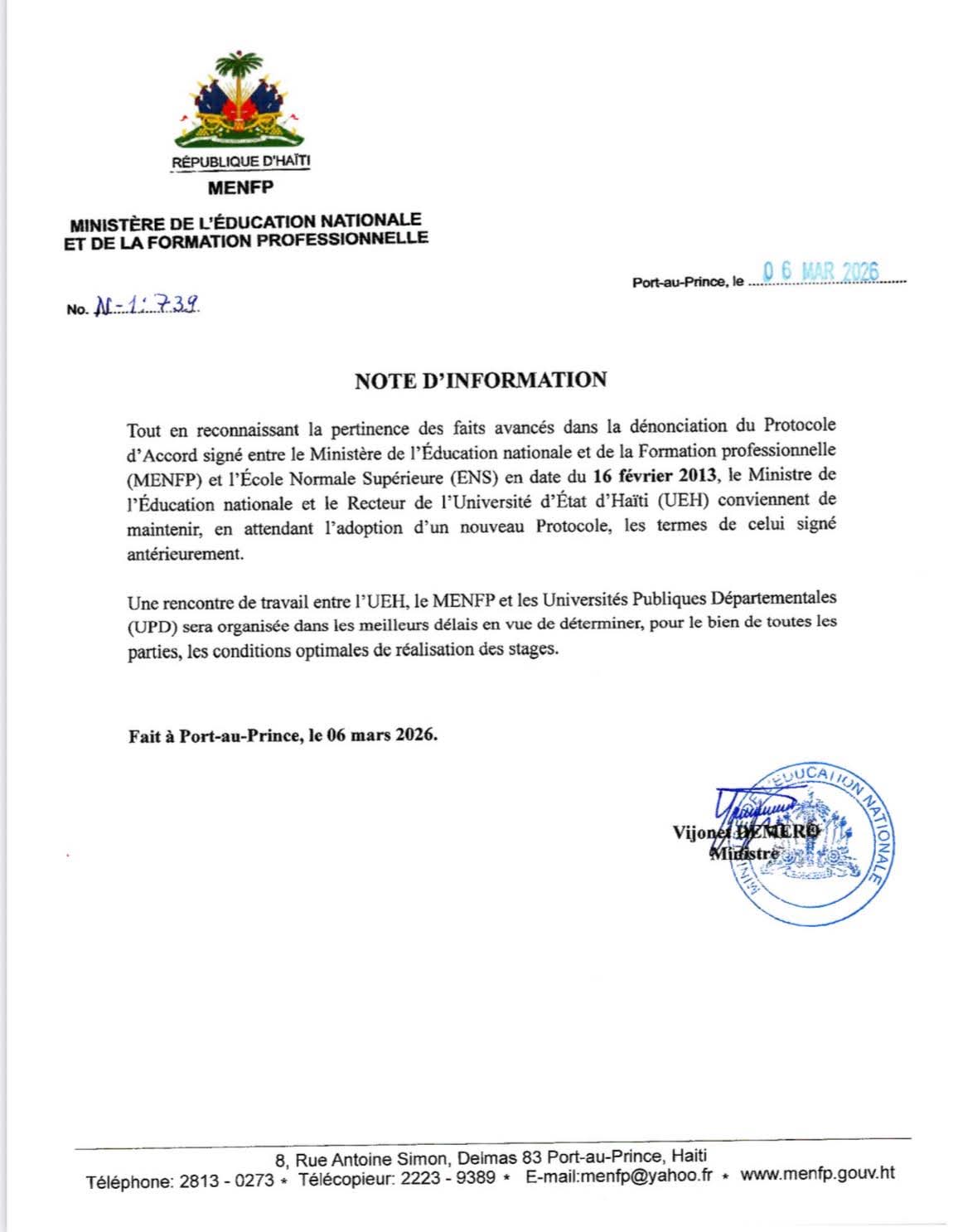 Éducation en Haïti : le MENFP et l’UEH décident de maintenir le protocole d’accord signé en 2013