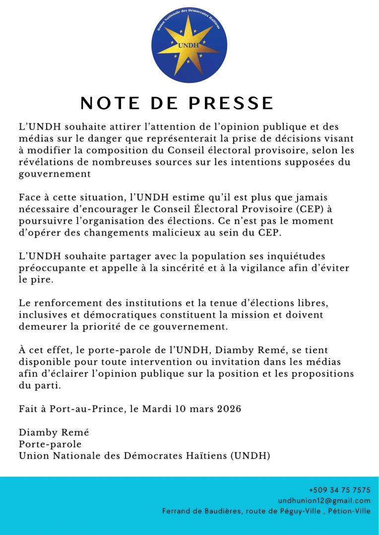 Haïti : l’UNDH met en garde contre toute modification de la composition du CEP