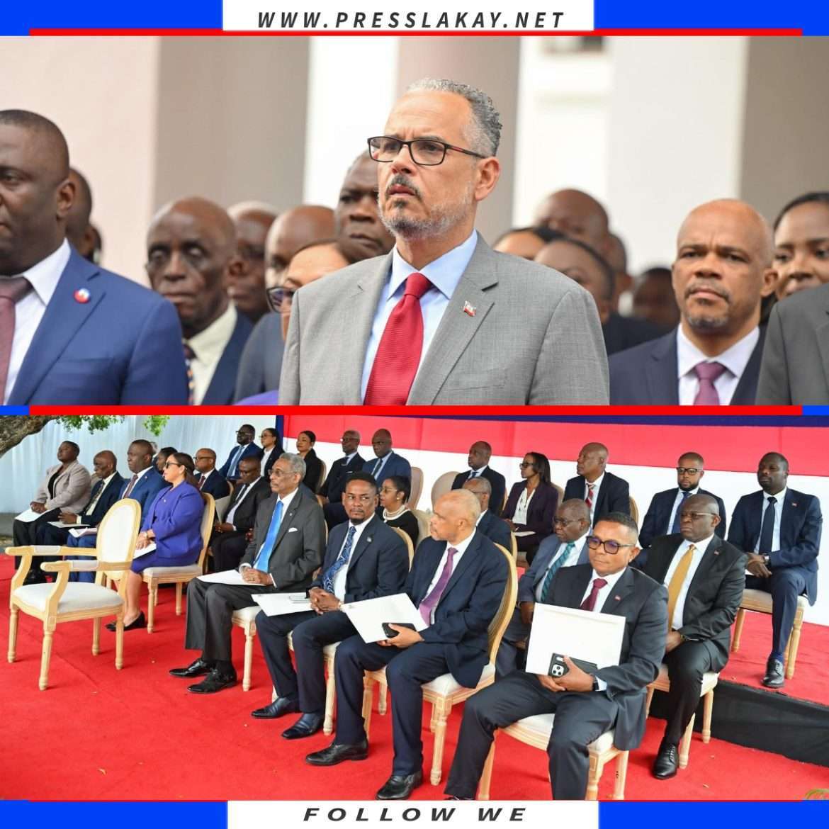 Les membres du nouveau gouvernement entourant le Premier ministre Alix Didier Fils-Aimé lors de leur présentation officielle à la Villa d’accueil, le 3 mars 2026 à Port-au-Prince.