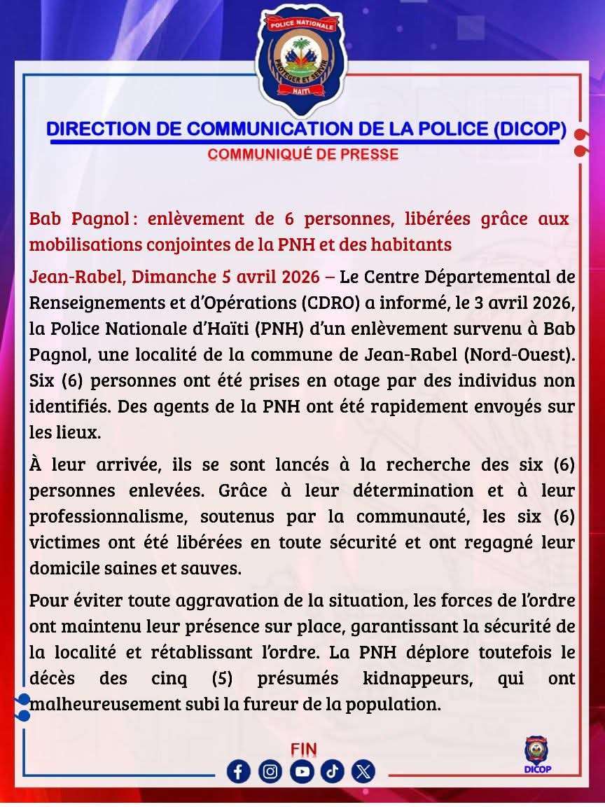 Jean-Rabel : six otages libérés, cinq présumés ravisseurs lynchés après une intervention de la police et d'habitants