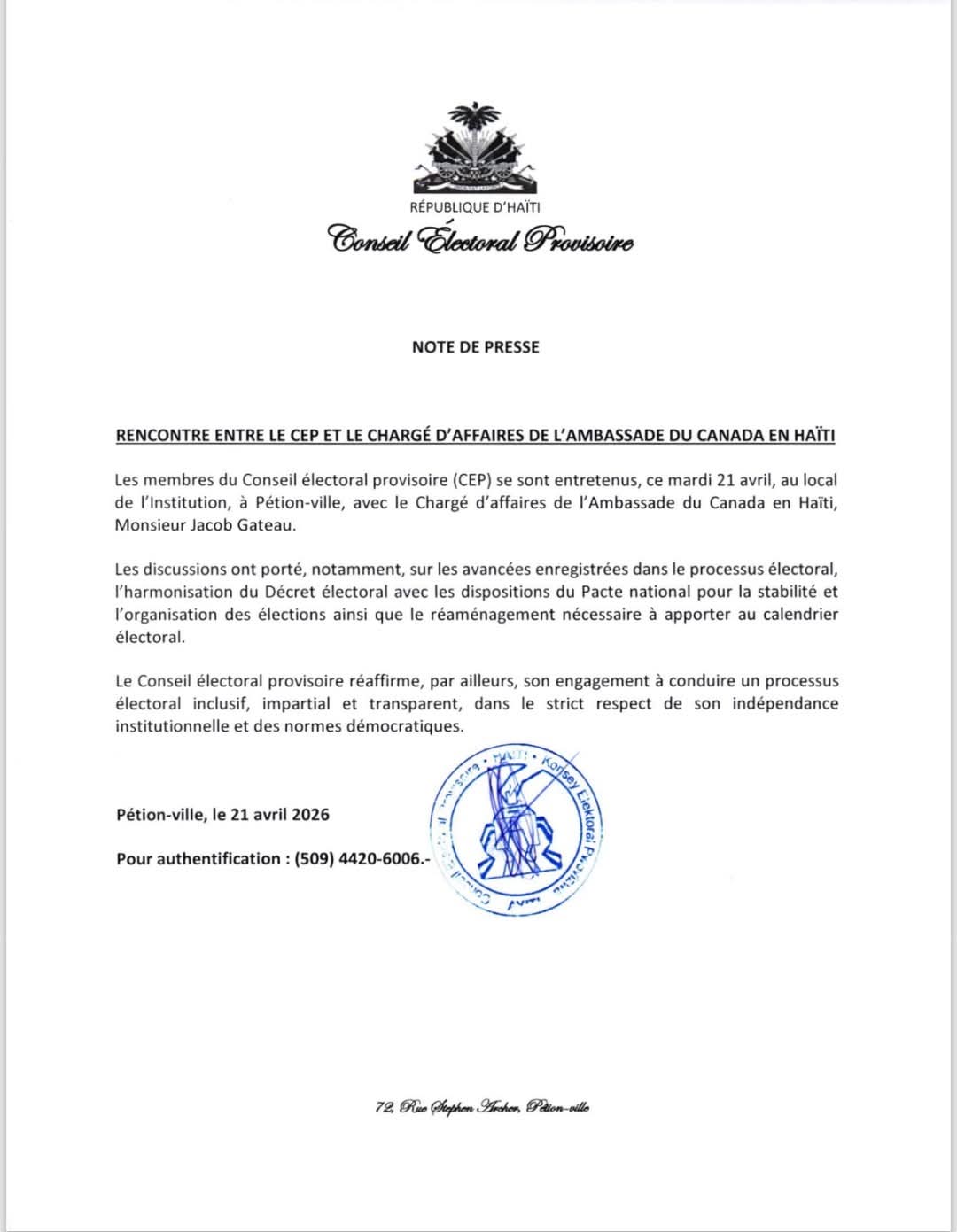 Le CEP rencontre le chargé d'affaires du Canada en Haïti
