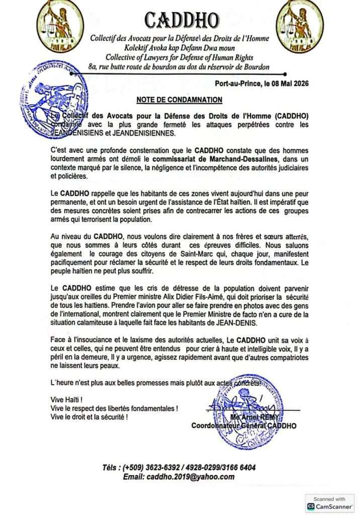 Haïti-Sécurité:Le CADDHO condamne l'attaque du commissariat de Marchand-Dessalines et interpelle le gouvernement 11 Haïti-Sécurité:Le CADDHO condamne l'attaque du commissariat de Marchand-Dessalines et interpelle le gouvernement