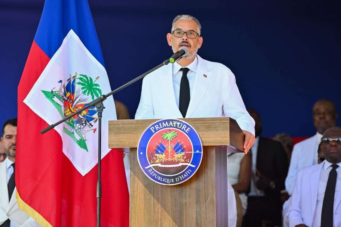 Le Premier ministre Alix Didier Fils-Aimé prononce son discours à l’occasion de la Journée nationale de l’Agriculture et du Travail, célébrée le 1er mai 2026 autour du thème de la production nationale comme pilier de la sécurité en Haïti.