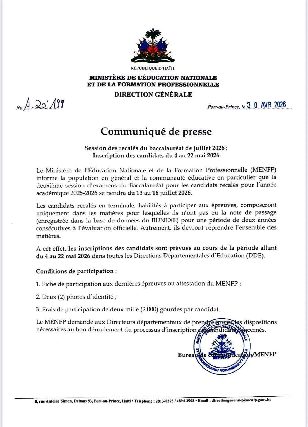 Haïti : le MENFP ouvre les inscriptions pour la session de rattrapage du baccalauréat