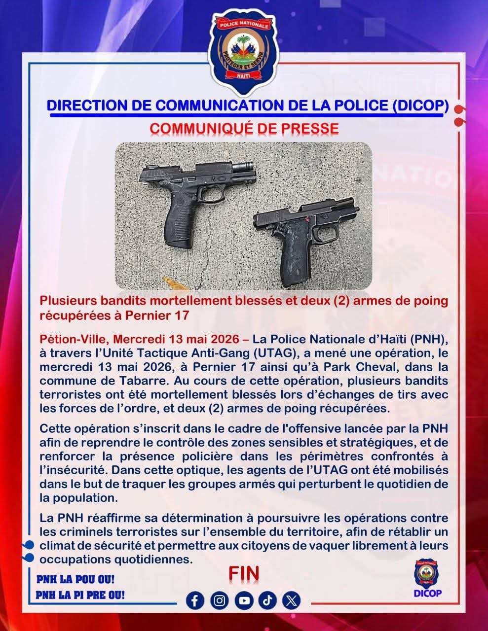 Haïti-Sécurité | PNH : plusieurs présumés membres de gangs tués et deux armes saisies à Pernier et Tabarre