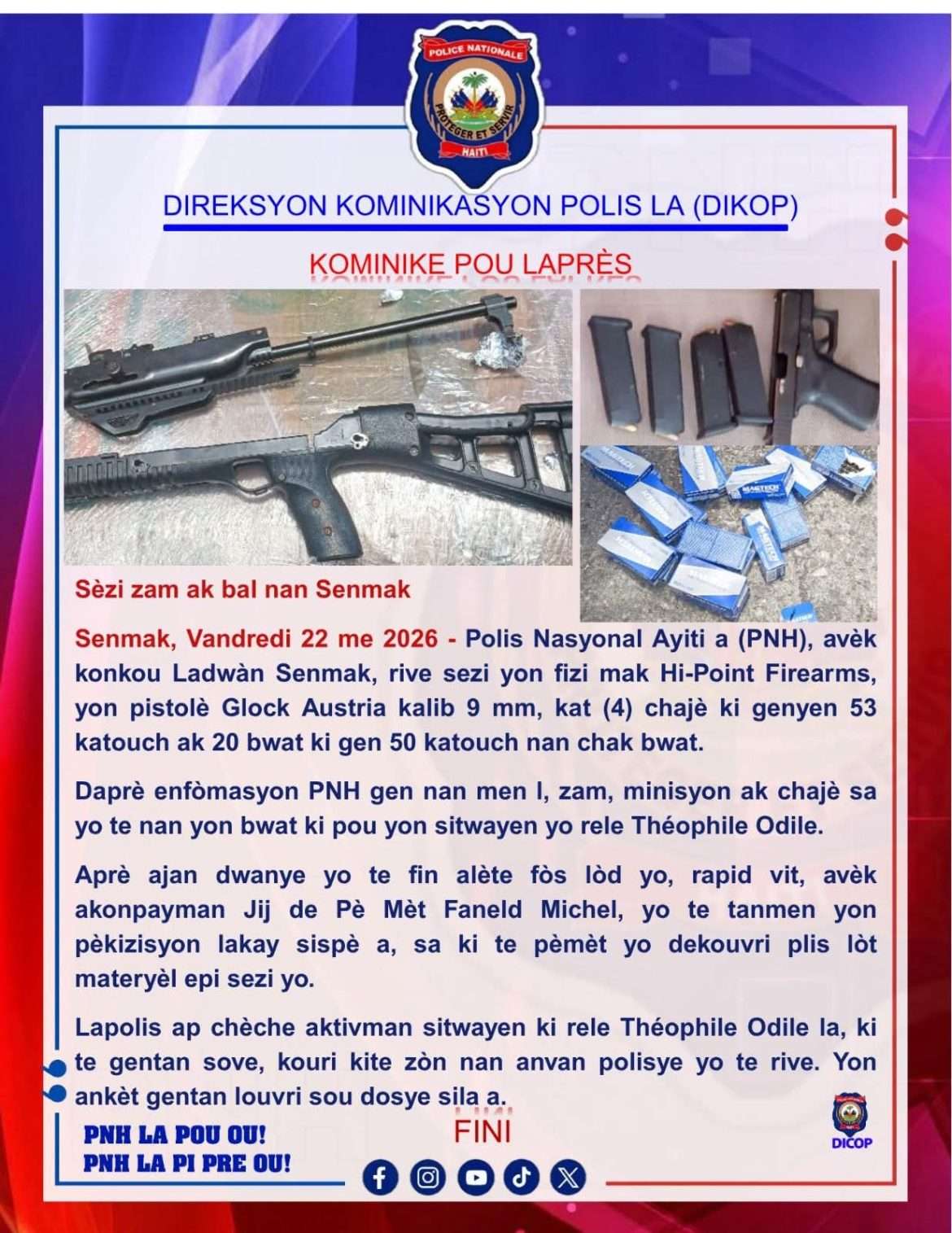 Haïti : saisie d'armes et de munitions à Saint-Marc, la PNH à la recherche d'un suspect en fuite