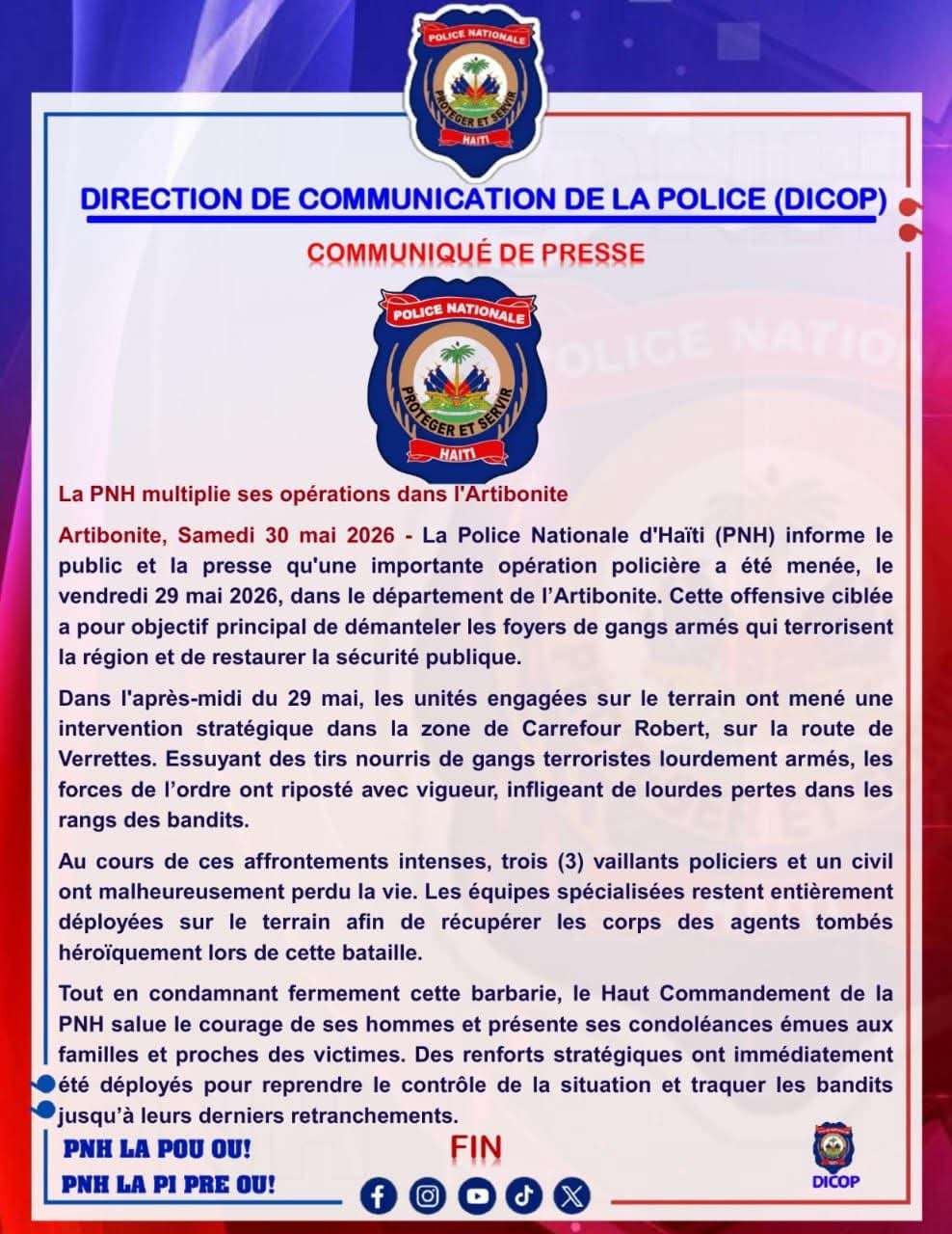 Haïti – Sécurité : la PNH annonce de nouvelles opérations dans l’Artibonite après la mort de trois policiers