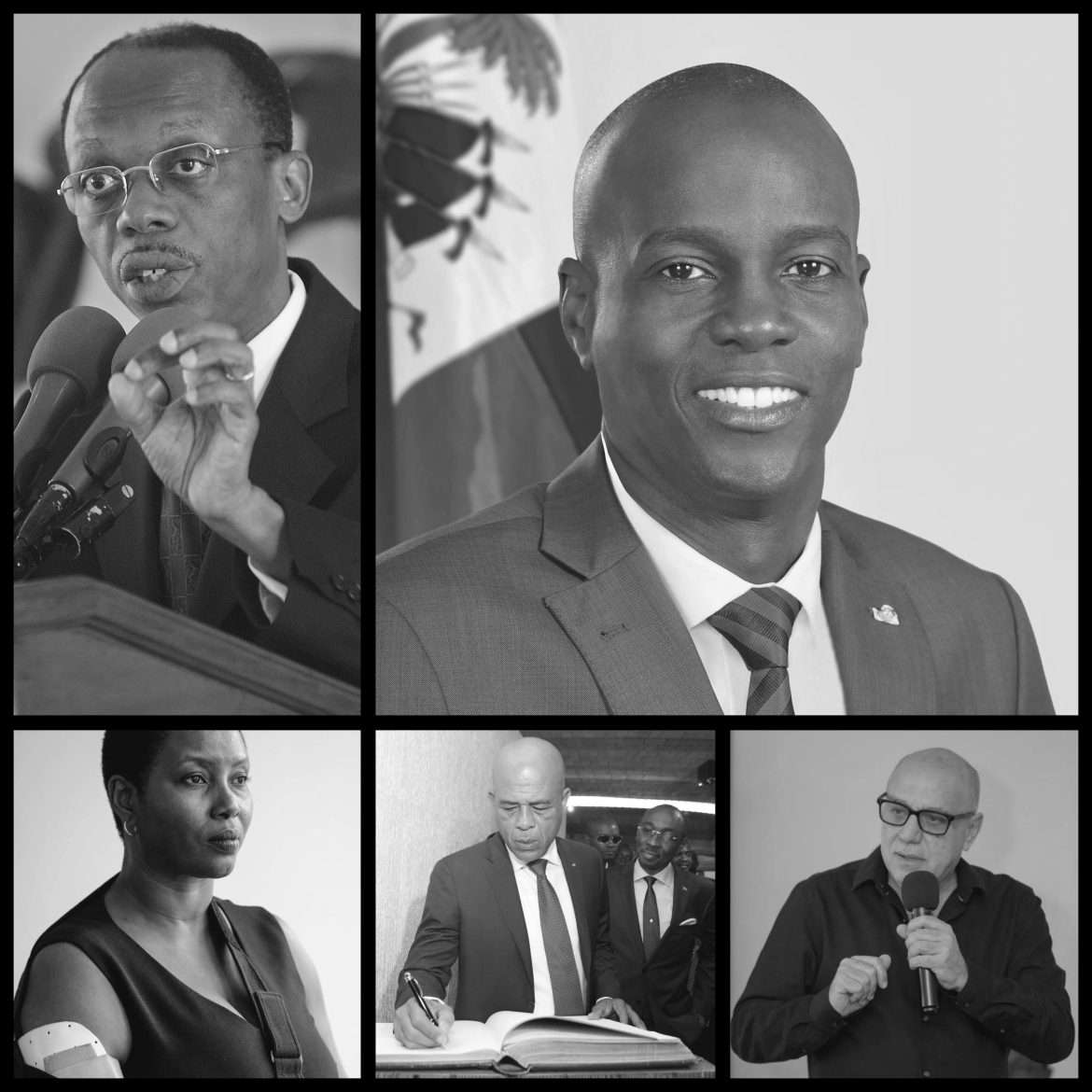 De gauche à droite : l'ancien président Jean-Bertrand Aristide, le président assassiné Jovenel Moïse (au centre, en haut), son épouse Martine Moïse (en bas, à gauche), l'ancien président Michel Martelly (en bas, au centre) et l'homme d'affaires Réginald Boulos (en bas, à droite). Martine Moïse a publiquement mis en cause ces quatre personnalités dans le complot ayant conduit à l'assassinat de son époux le 7 juillet 2021.