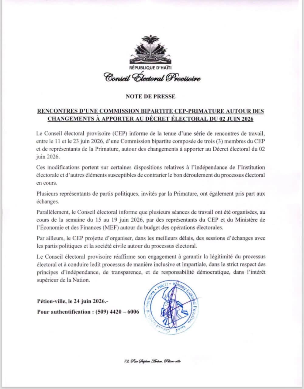 Note de presse officielle du Conseil électoral provisoire (CEP) annonçant les rencontres avec la Primature sur les changements au décret électoral du 2 juin 2026, publiée le 24 juin 2026.