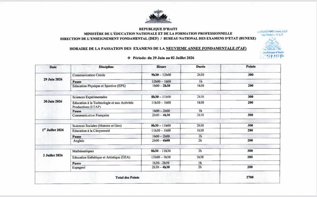Examens de 9e Année Fondamentale : le calendrier officiel publié par le MENFP