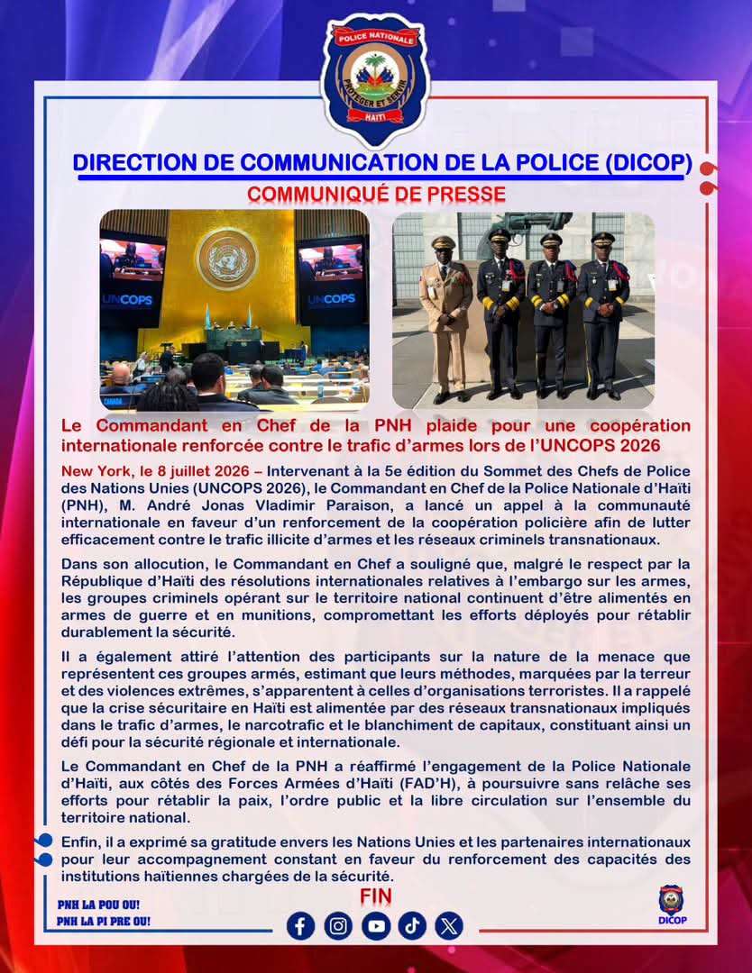 Haïti : le commandant en chef de la PNH plaide pour un renforcement de la coopération internationale contre le trafic d'armes