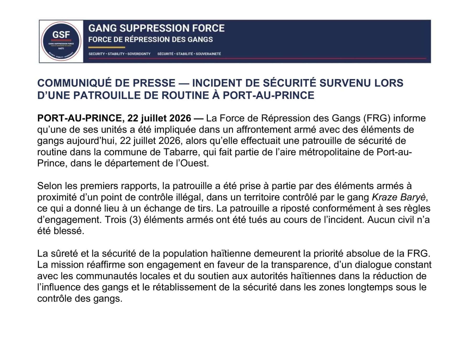 Incident de sécurité lors d'une patrouille de routine de la FRG à Tabarre