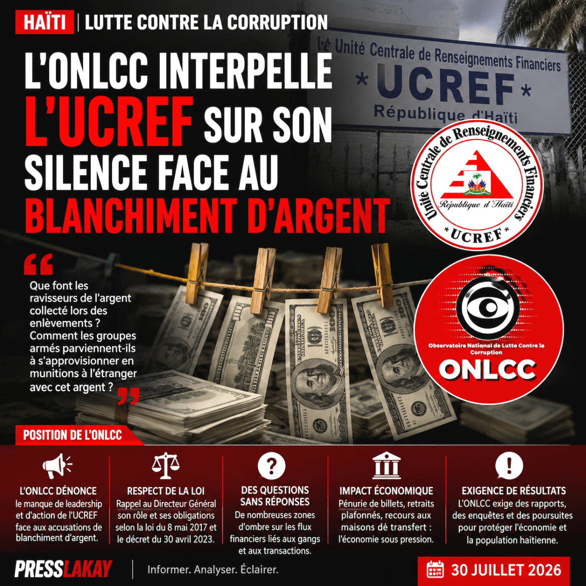 Blanchiment d'argent : l'ONLCC interpelle l'UCREF et dénonce son silence face aux flux financiers illicites